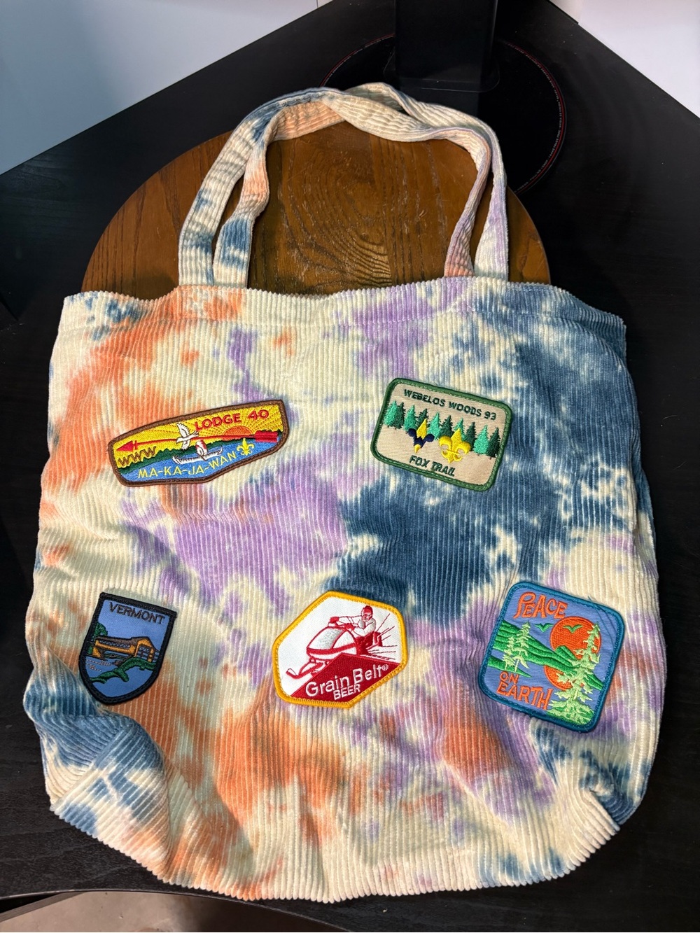 Urban Outfitter Corduroy Tie Dye Patches Tote Bag Handbag Hippie Retro 13”X 12”
